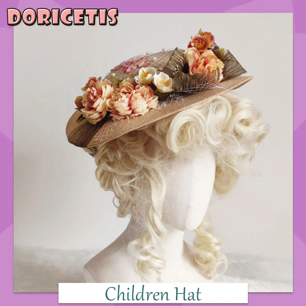 

Children Hat Pretty Rose Lace Ribbon Decoration Flat Top Hat Little Girl Summer Outdoor Sunscreen New Lolita Pastoral Style Cap