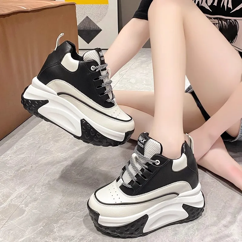 

Women Platform Shoes 2023 Autumn New Leather Chunky Sneakers 10CM Wedge Hidden Heels Leisure Sports Casual Dad Shoes Woman B4-39