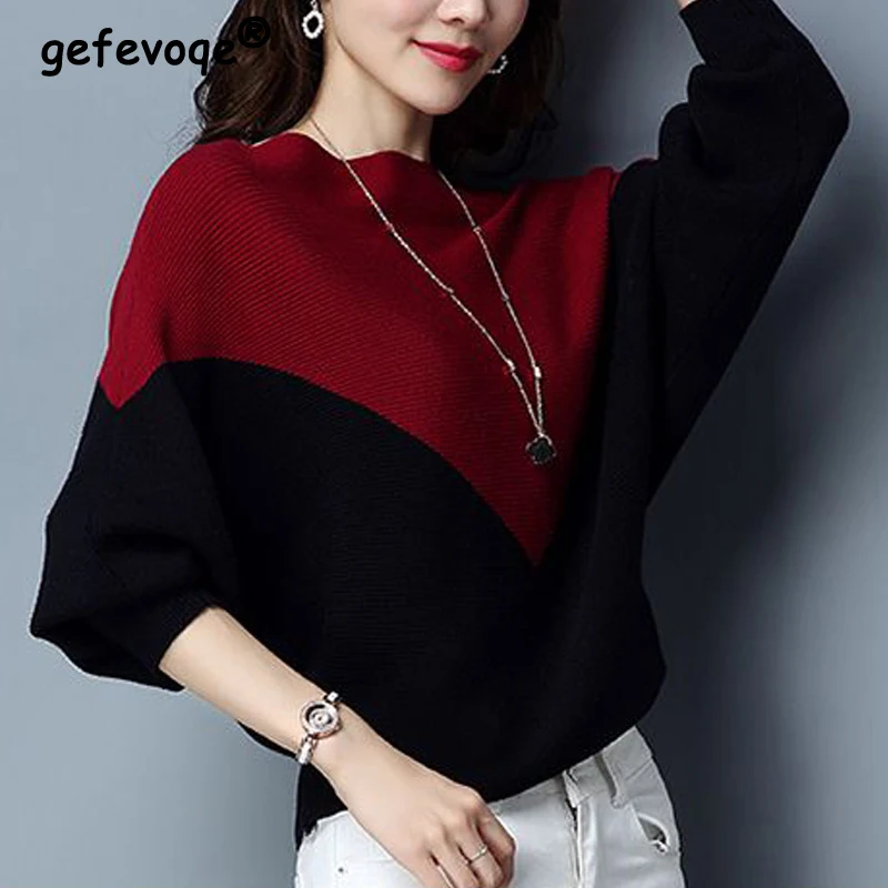 

2022 Autumn Winter New Women Contrast Color Bat Long Sleeve Loose Knitted Sweater Fashion Casual Steetwear Pullover Tops Jumpers