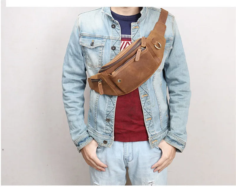 Retro fashion handmade crazy horse cowhide men's chest bag leisure luxury designer youth go out sports summer hot sale pockets