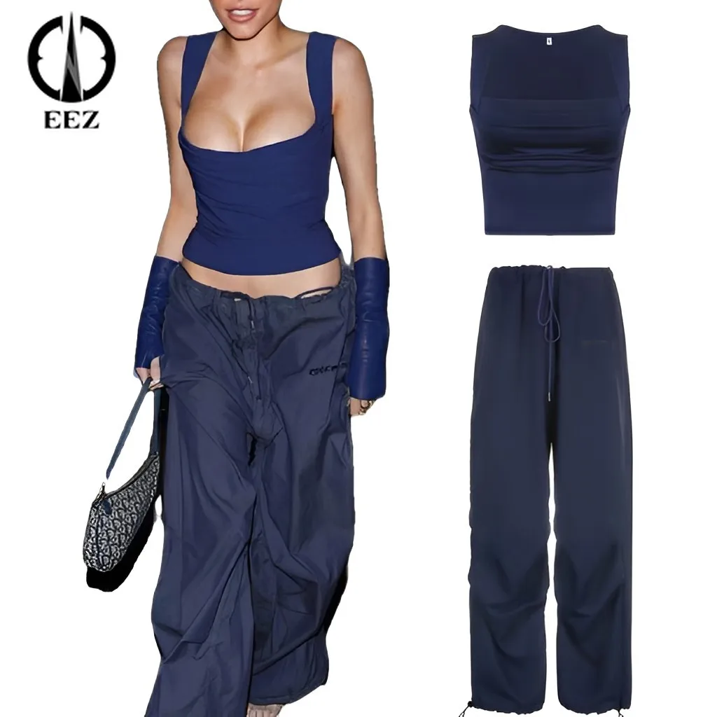 

Blue Camisole +Sweatpants Elastic Drawstring Cargo Pants Baggy Low Rise Streetwear Loose Joggers Trousers Women Solid Casual Set