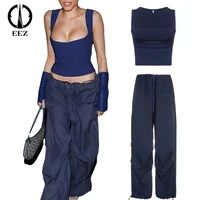 blue camisole sweatpants elastic drawstring cargo pants baggy low rise streetwear loose joggers trousers women solid casual set