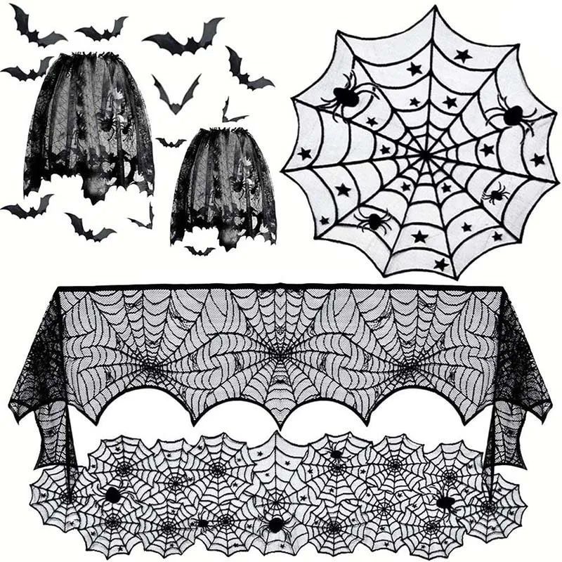 

Halloween Black Lace Spider Web Tablecloth Fireplace Skull Door Curtains Lamp Cover Decor Party Decoration Horror House Props