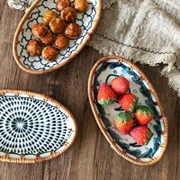handwoven rattan storage tray with ceramic bread basket food plate fruit cake dessert platter dinner serving tray organizer tool