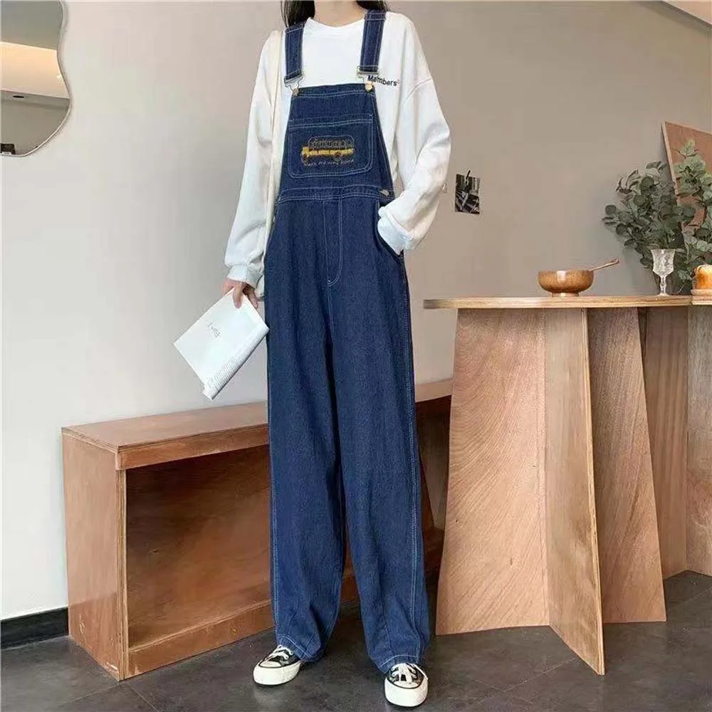 Jean overalls women's plus size fat MM slimming students loose straight leg wide leg one-piece jeans jumpsuit women traf femme