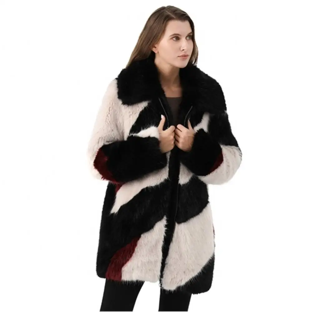 Winter Fashion Loose Warm Thick Real Fur Women Jacket Long Zipper Lapel Real Fur Mink Coat Leisure Elegant Striped Windbreaker