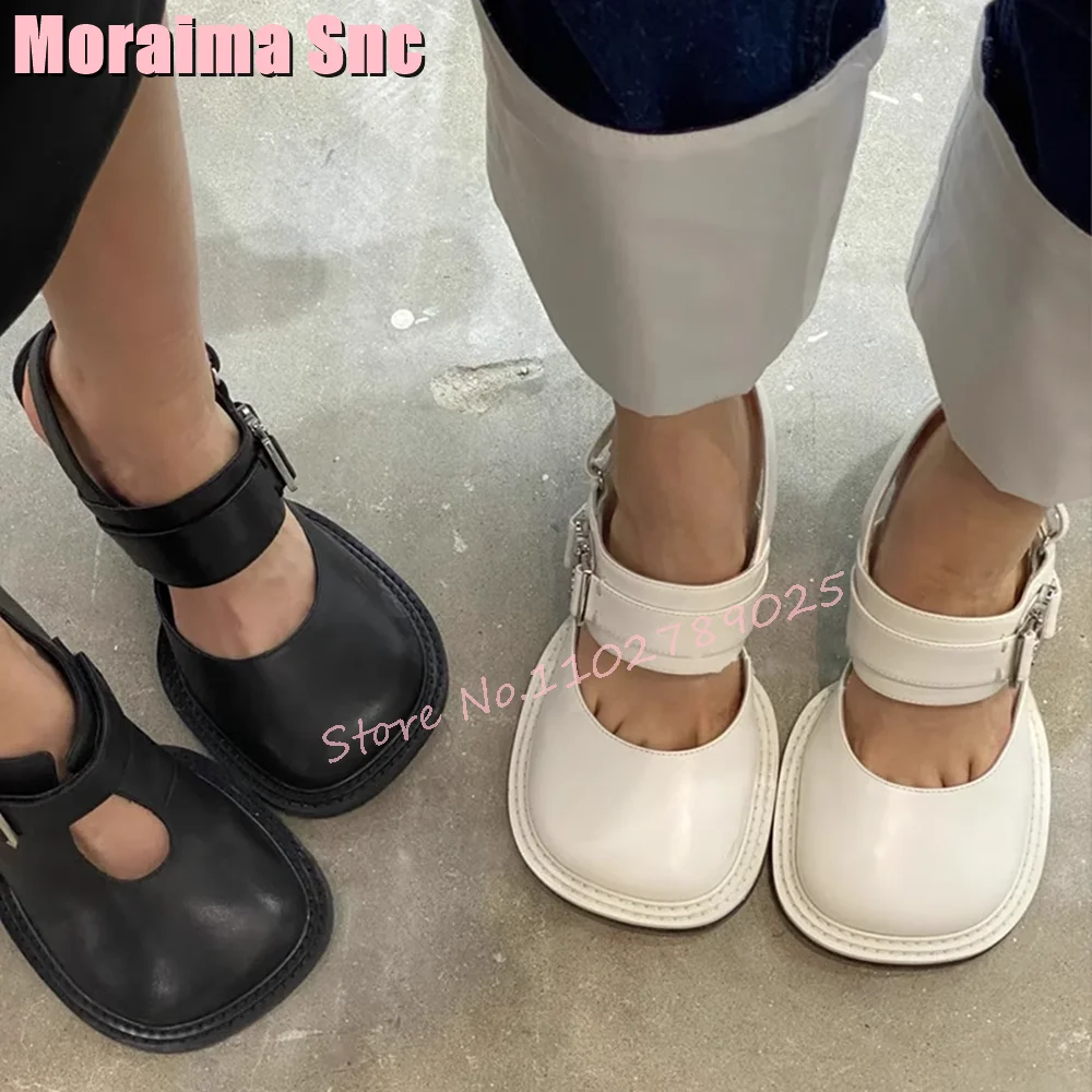 

Unique Big Round Toe Shallow Pumps Metal Heel Ankle Buckle Strap Leather Women Shoes Spring Summer 2023 White Solid Fashion New