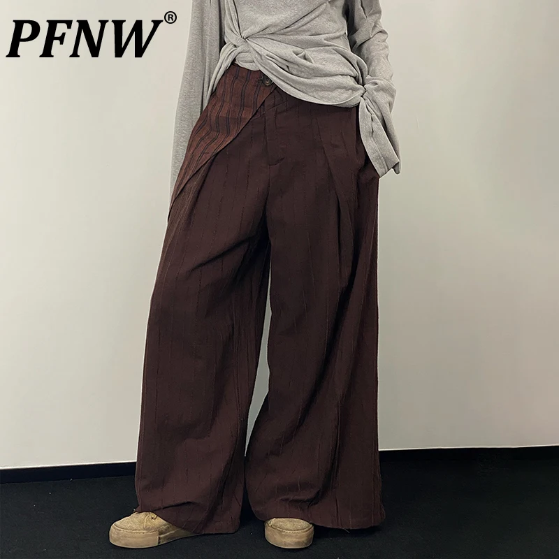 PFNW Spring Men's Tide Pleated Wide Leg Cargo Pants Linen Texture Cut Patched Baggy Sports Running Safari Style Trousers 12Z1657