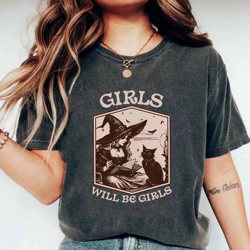 Фото Рубашка ведьмы для девочек Will Be Girls Винтажная рубашка ведьмы Хэллоуин Черный кот Готическая футболка Эстетическая футболка Y2k Женские жуткие топы ведьмы №1