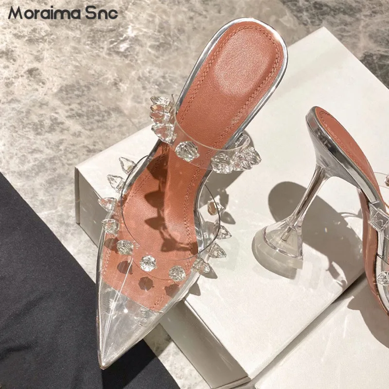 Women's Summer Rhinester Baotou Slippers New Transparent Pointed Wine Glass Heel Back Empty High Heel Sandals Sexy Slippers