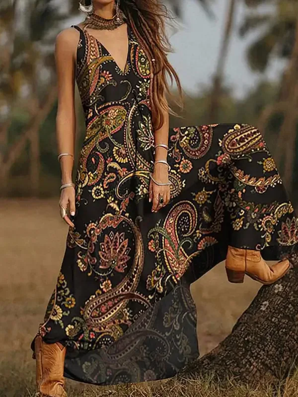 

2023 Summer Bohemian Women's Long Dress Print V-neck Button A-line Loose Slip Dresses Female New Casual Elegant Ladies Clothes