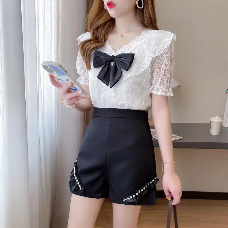 

Women 2022 Summer New Fashion Casual Two-piece Set Female Short Sleeve Top and Wide Leg Shorts Suit Lady Professional Sets M48