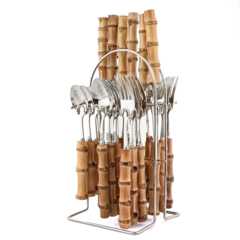 

24pcs Dinnerware Stainless Steel Tableware Creative Bamboo Handle Steak Knives Flatware Fork Tea Spoon Cutlery Set Rack Set