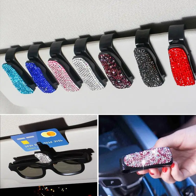 

Car Sunglass Holder Multi-functional Diamond-Encrusted SturdyCrystal Rhinestones Clips Real Cowhide Goggles Decorative Container