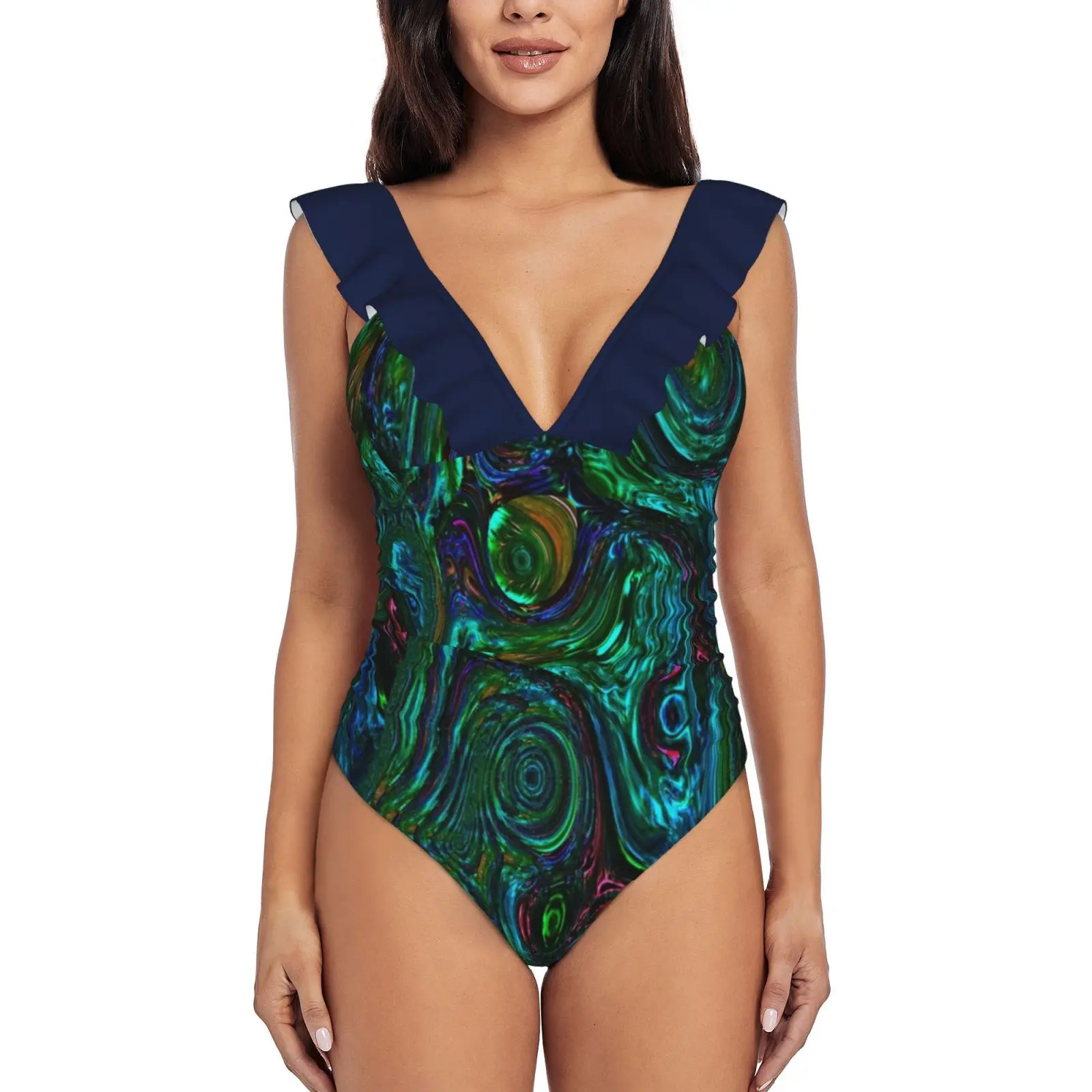 

Привлекательный слитный купальник с павлиньими глазами, женский купальник, монокини с оборками, купальный костюм, пляжная одежда, Павлинье ...