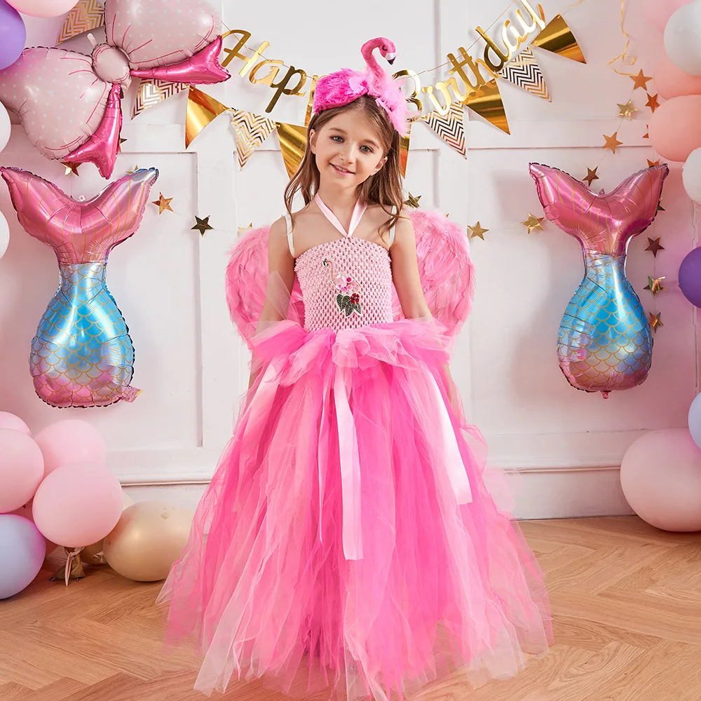 

Pink Girls Summer Tutu Dress Kids Birthday Party Beach Dresses Toddlers Princess Vestidos Kids Mesh Tulle Dress Wing Decoration