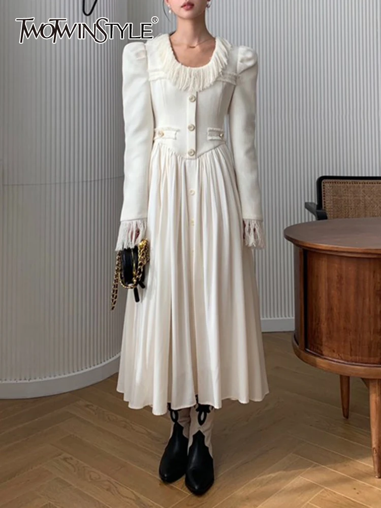 

TWOTWINSTYLE Solid Vinatge Elegant Dresses For Women Round Neck Long Sleeve High Waist Patchwork Tassel Dress Female Clothing