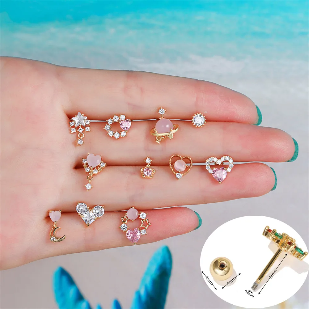 1PC Sweet Cute Small Zircon Heart Cartilage Stud Earrings For Women Girl Charm Heart Star Moon Stud Earrings Helix Pircing