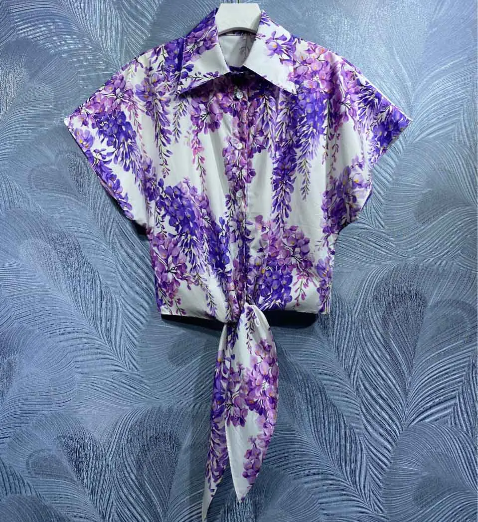 

100% cotton 2022 summer high quality women wisteria flower printed short shirts short sleeve turn down collar blouses B63