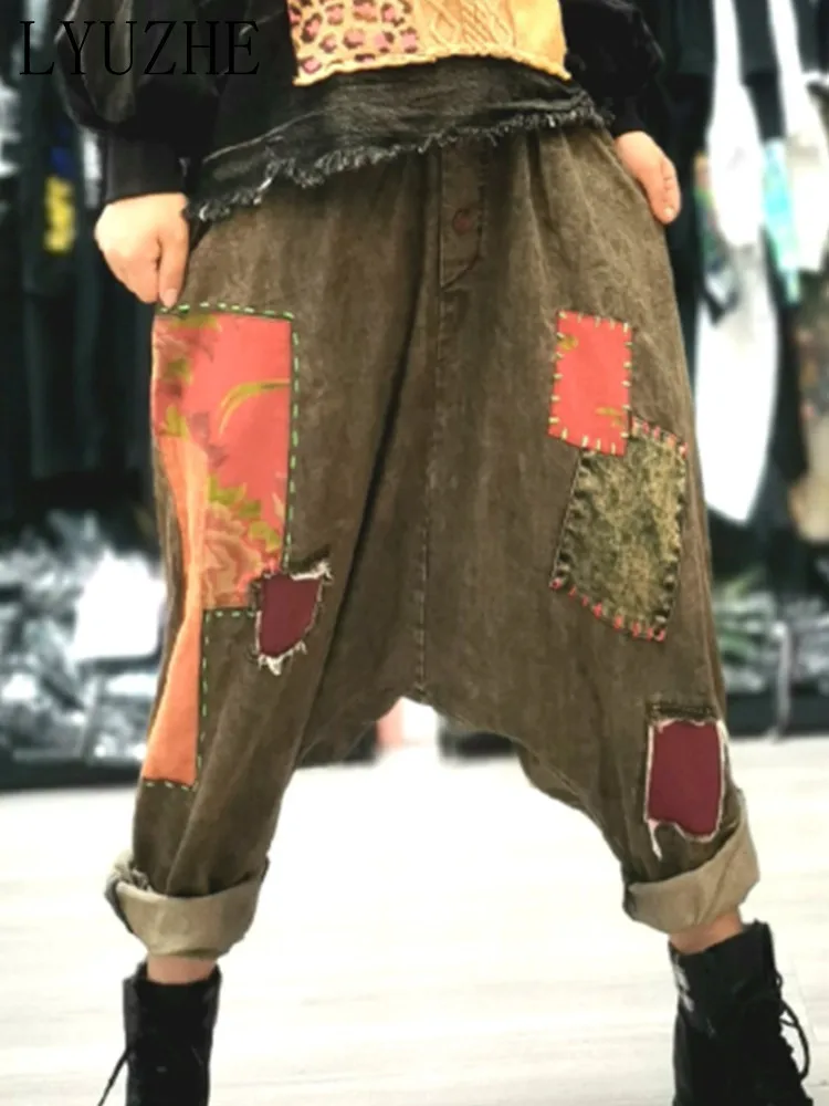 LYUZHE 2023 Spring Autumn New Style Patch Embroidery Loose Large Size Hanging Crotch Pants Women Large Splice Cross Pants LWL931