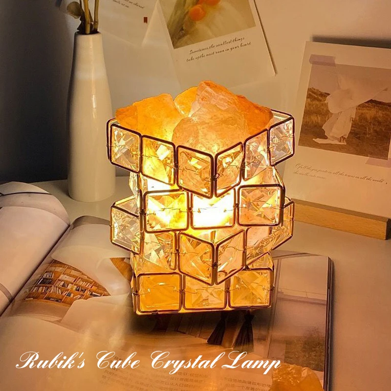 Lámpara de mesa de ambiente USB, decoración creativa de Ins para niñas, cubo mágico de piedra, fragancia de cristal, lámpara de sal del Himalaya