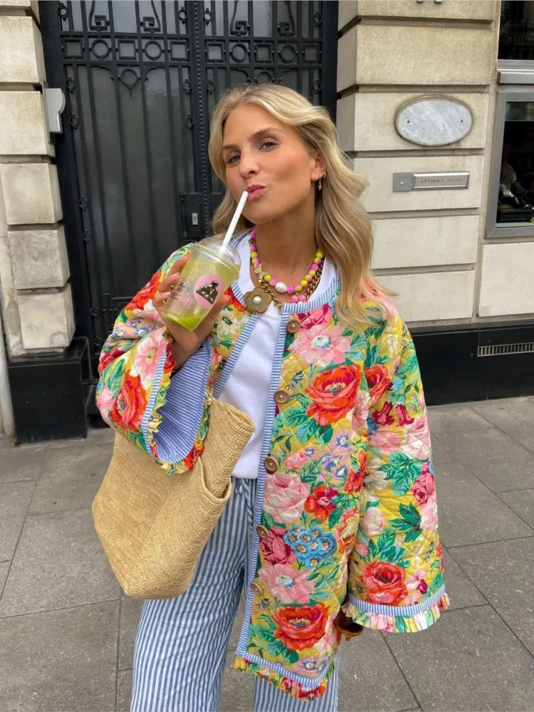 

Women Vintage Flower Printed Cotton Coat Fashion Loose Long Sleeve Thick Cardigan 2023 Autumn Winter Ladies Warm Jackets