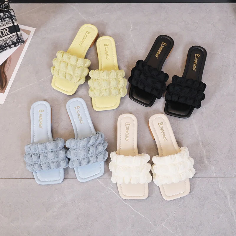 Elegant Women Minimalist Ruched Detail Flat Sandals Fashion Outdoor Polyester Single Band Open Toe Slides Sweet Summer New Shoes