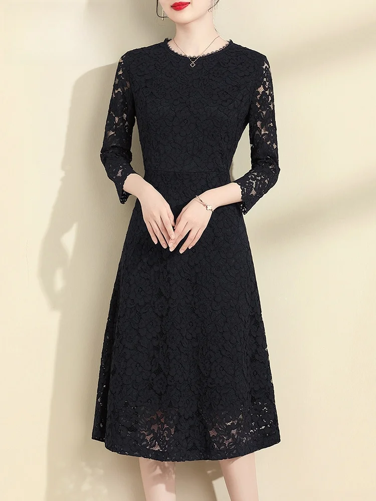 Ink Painting Qinghua 2024 New Winter clothes Elegant Lace Dress Fashion Slim fit Waist Hugging All-Matching A Word Base Skirt