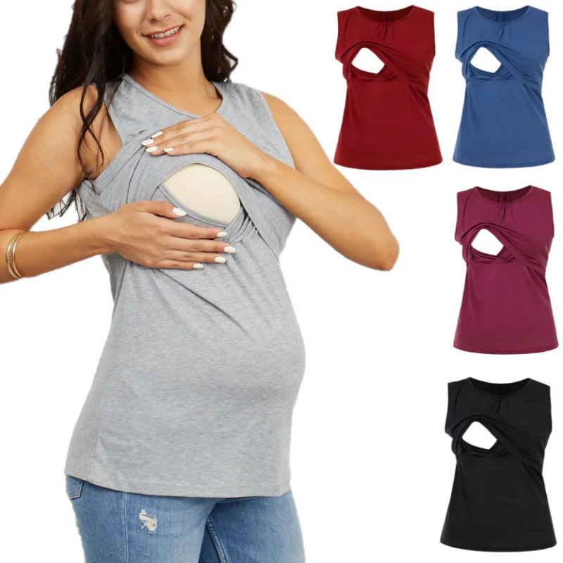Summer Maternity Clothes Nursing Top Breastfeeding Clothes Cotton Solid Sleeveless Pregnancy Announcement Breastfeeding Tshirt
