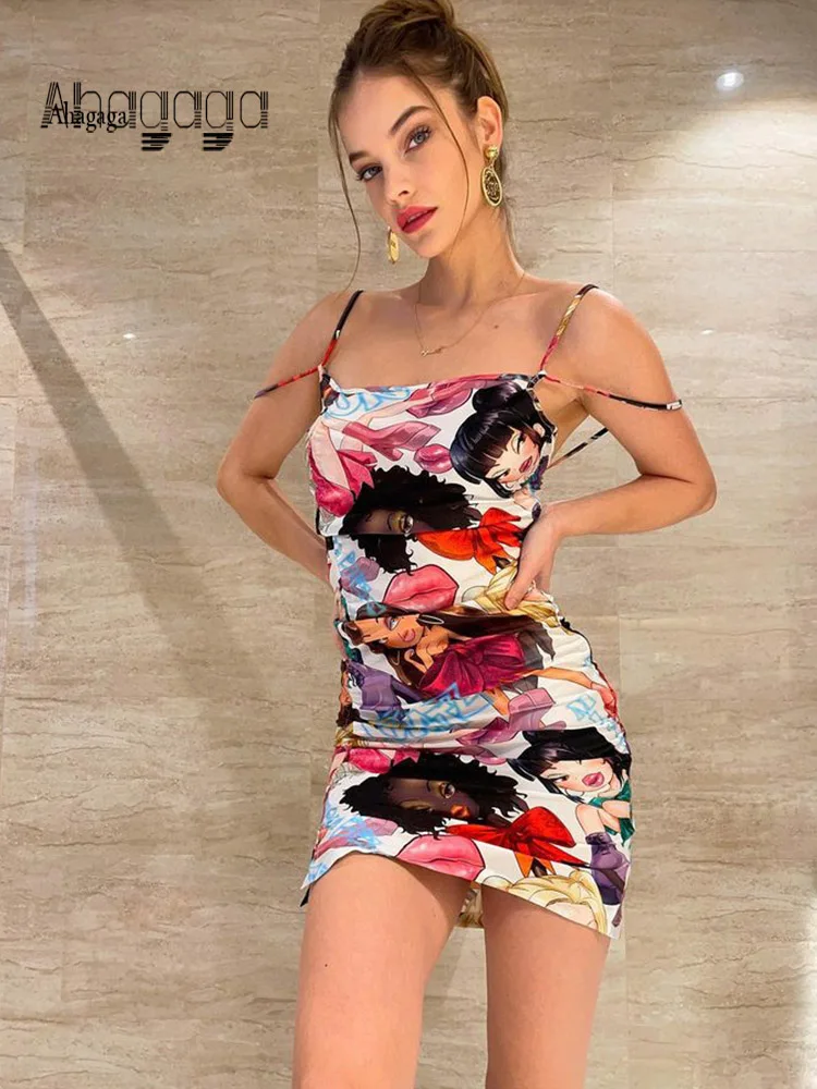 

Модные сексуальные женские мини-платья Ahagaga с принтом, уличная одежда, обычная повседневная кофта без рукавов, тонкая облегающая Милая одеж...