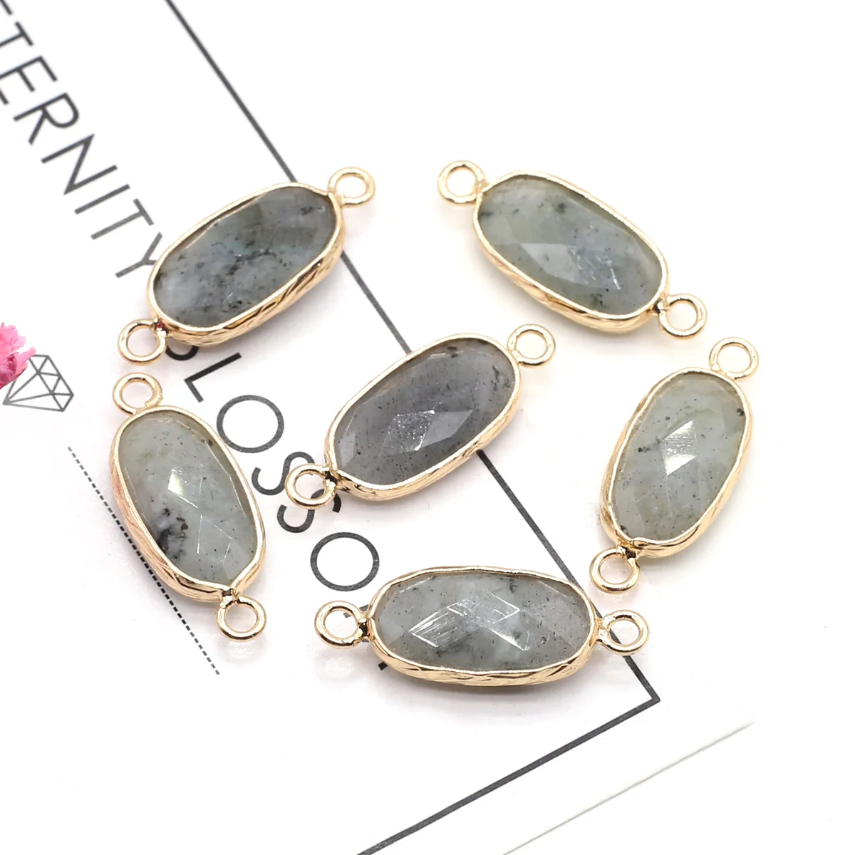 

Rose Quartz Citrine Amazonite Long Oval Section Double Holes Connector Natural Stone Charms For Jewelry Making DIY Bracelet 4pcs