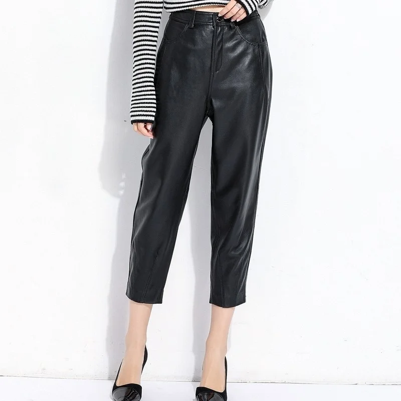 

Women's luxury women's trousers of leather with high waist, loose-length pants on the ankle, for women, elastic waist, Korean