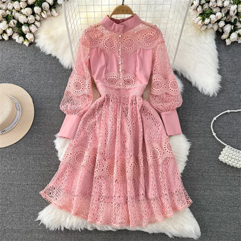 

Vintage Flower Embroidery Hollow Lace Dress Women Mid-Length Stand Collar Lantern Sleeve Pearls Button Party Dresses Vestidos