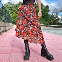 2022 women high waist long skirt big flowersroses printed calf length tea skirts ladies loose multi layer bottom outfits