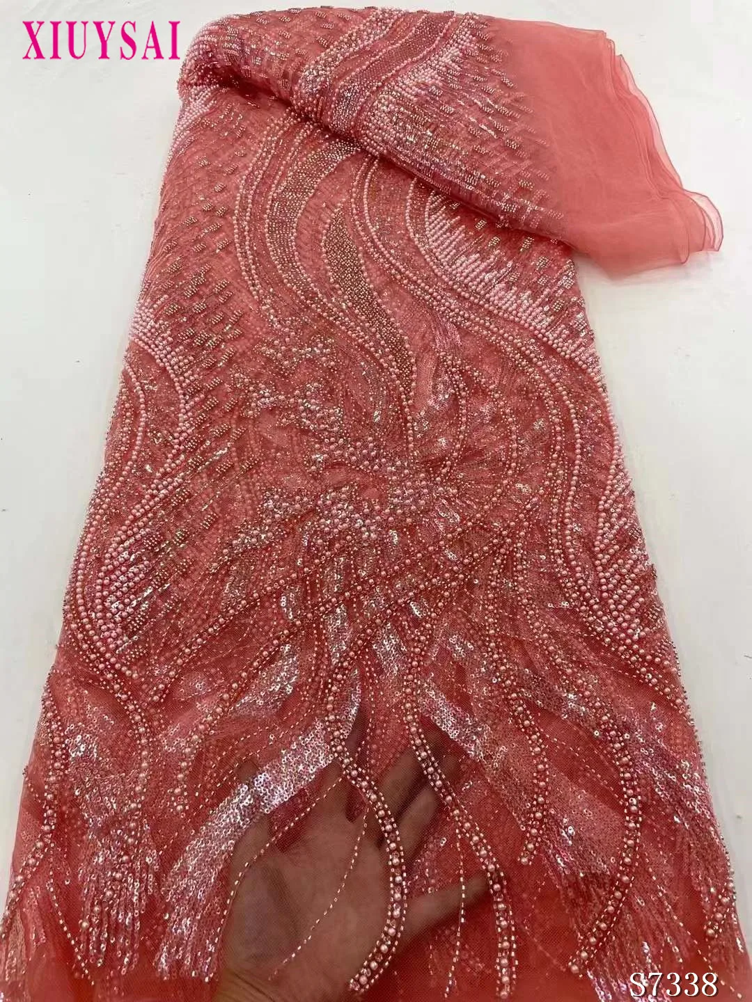 

Высококачественный Африканский арбуз красный кружевной тканевый материал ручной работы с бисером 2023 вышивка блестками нигерийская кружевная ткань для женщин на свадьбу