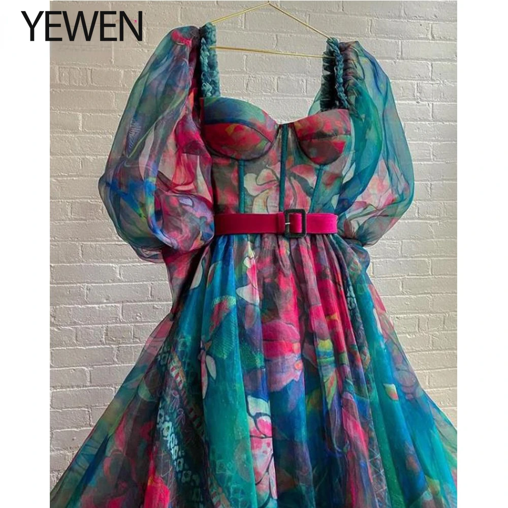 

Haute Couture Evening Dresses Floral Print A-Line Puffy Sleeve Tencel Chiffon Sexy Party Gowns Robe De Soiree 2021