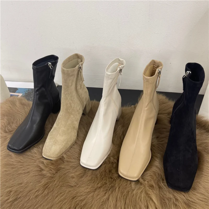 

2023 Winter Shoes Heel Ankle Women Boot High Quality Soft Leather Short Boot Zipper High Heel Chelsea Booties Zapatos Muje