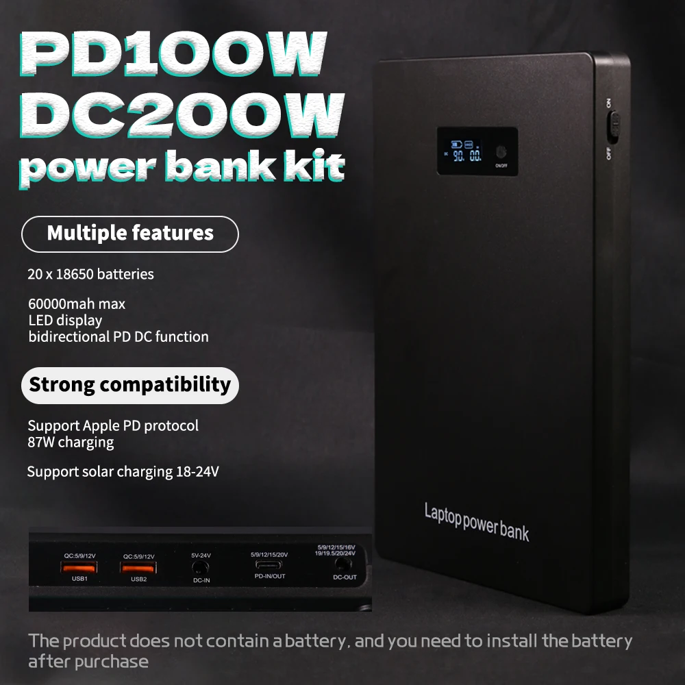 Двусторонний аккумулятор PD100W DC200W 18650 Без аккумулятора 60000 мАч QC AFC совместимый с игровым ноутбуком 180 Вт, внешний аккумулятор для быстрой зарядки «сделай сам»