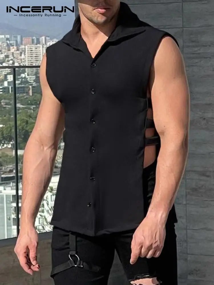 

Men Shirt Hollow Out Lapel Sleeveless Streetwear 2022 Casual Men Clothing Button Solid Color Fashion Leisure Camisas 5XL INCERUN