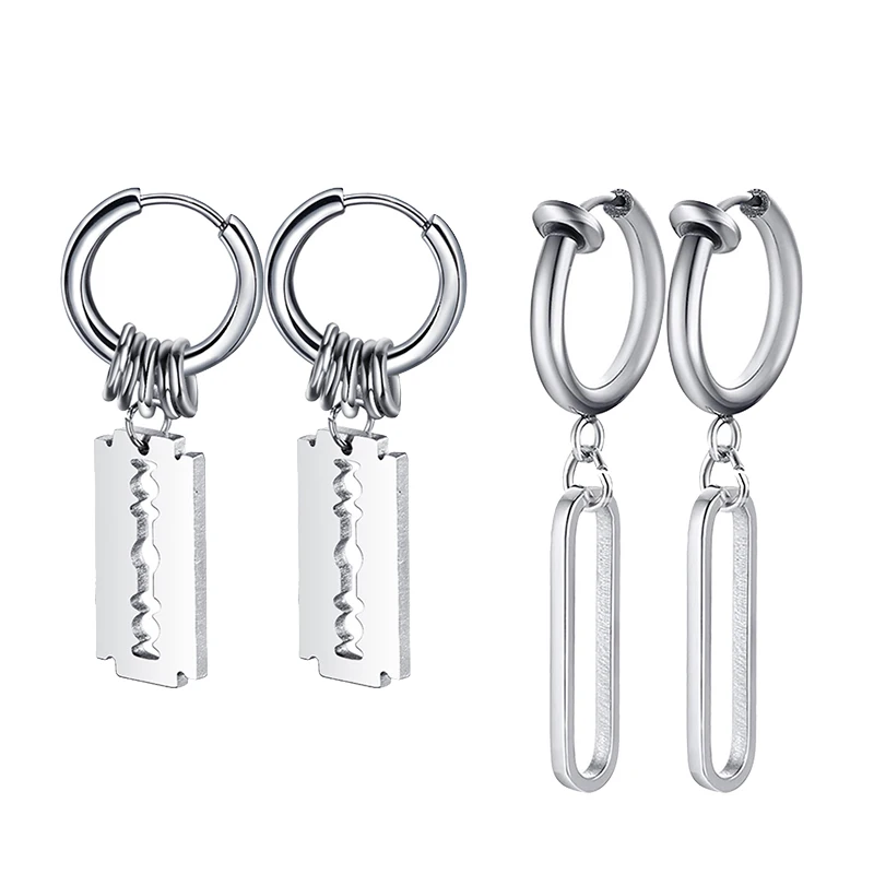 

Fashion Stainless Steel Blade Earrings Vintage Razor Hollow Drop Earrings Women Men Punk Jewelry Hip Hop Street Dangle Earrings