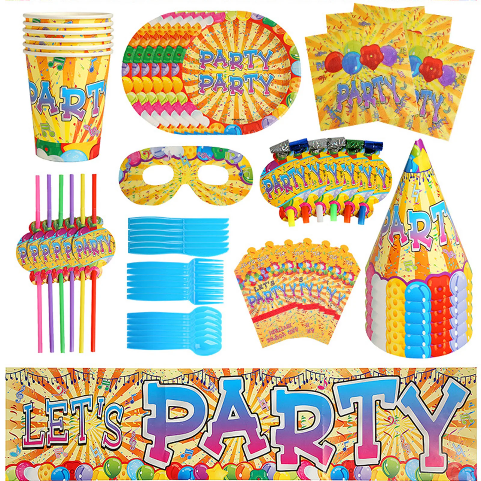 

Party Supplies Plate Cups Spoons Forks Napkins Knives Straws Hat Banner Eye Covers Blowing Horn Toys Invitation Cards Birthday