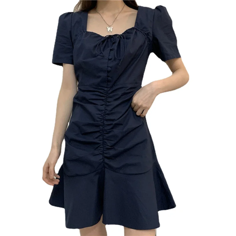 

Heavy Industry Selected Korean Style Retro Sweet Square Collar Lace-up Bag Buckle Ruffled Fishtail Dress for Women