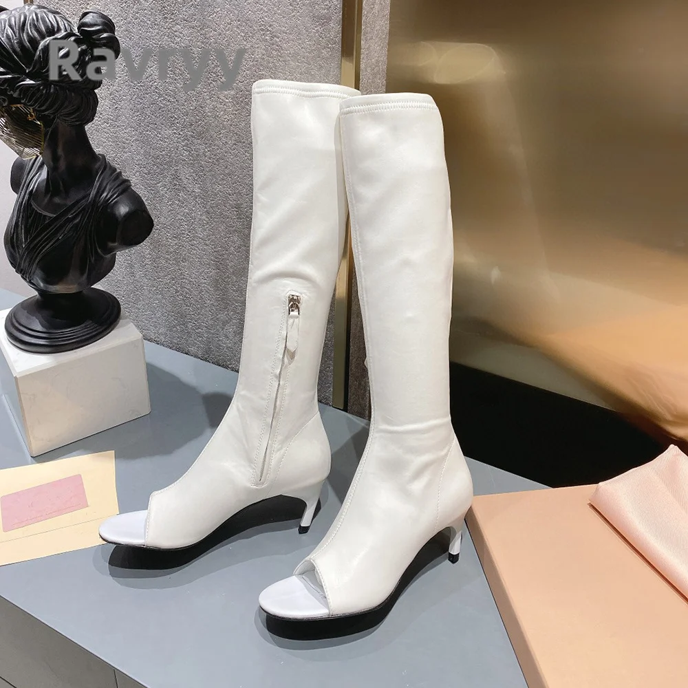 Knee Length Side Zipper Fashion Fishmouth Boots Kitten Heel Sewing Versatile and Concise Sheepskin Kid Suede Women's Boots