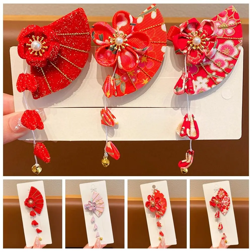

Chinese Style Sakura Tassel Fan Hairpin Girl Children Red Hair Clip Headwear Hanfu Headdress Hair Accessories