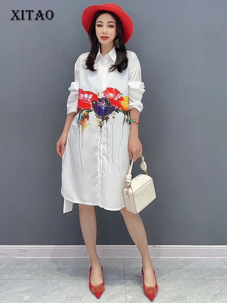 XITAO Print Loose Irregular Dress Full Sleeve Turn Down Collar Casual Single Breasted Fashion 2023 Autumn Women Dress HQQ0889