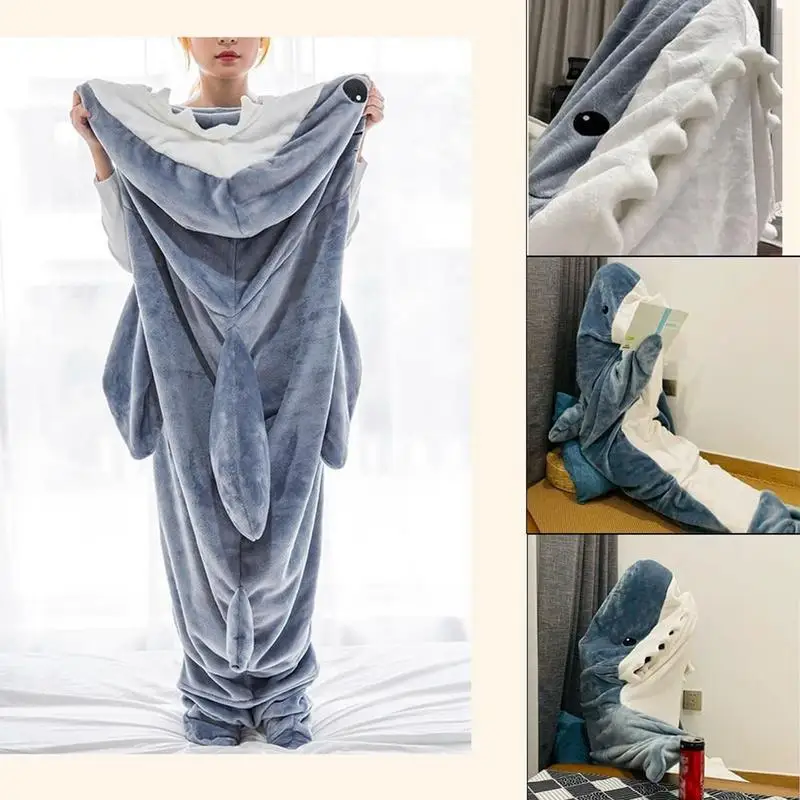 

Shark Blanket Flannel Wearable Blanket Hoodie Ultra Soft Flannel & Fleece Bed Shark Plush Tail Sleeping Bag For Warming Supplies