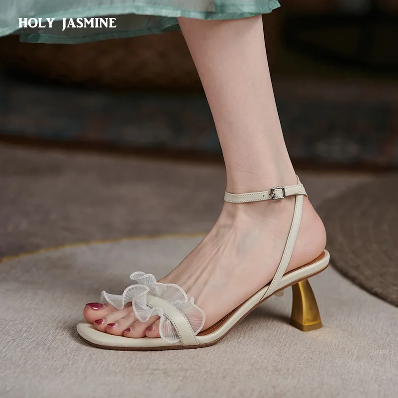 

2022 Summer Women Shoes Concise Square Toe Thin Heel Women Sandals Genuine Leather Solid Colors High Heel Party Shoes for Women