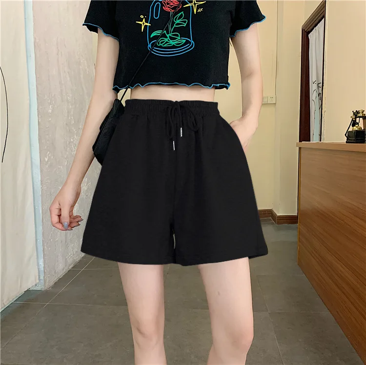 

Summer broad-legged shorts women, five pants high waist casual sports pants black