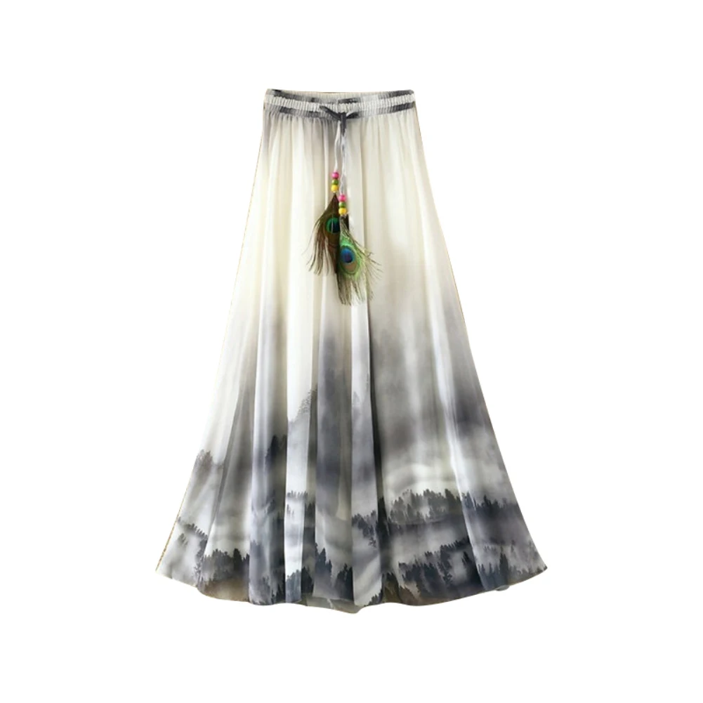 Fashion Summer Beach Boho Womens Chiffon  Skirts Maxi Skirt Flower Print Feather Drawstring Elastic Waist Maxi Midi Skirt Party