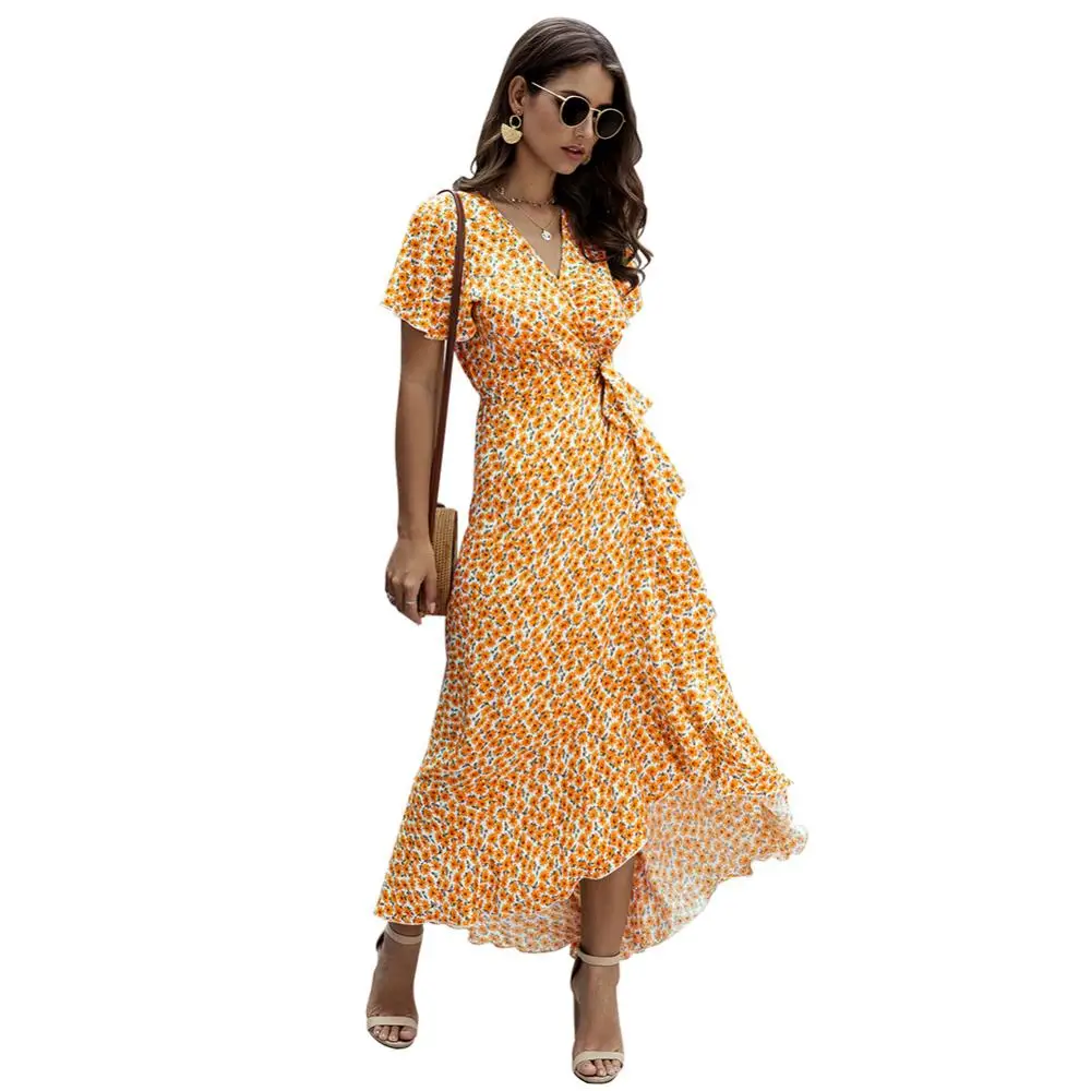 

Fashion Women V Neck Short Sleeve Polka Dots Print Ruffled Hem Belt Long Dress